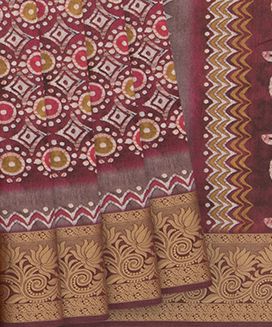 Magenta Blended Dupion Saree With Printed Chakaram Motifs & Floral Vine Motifs In Border
