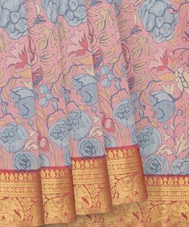 Bubble Gum Pink Printed Chiniya Silk Saree With Floral Motifs
