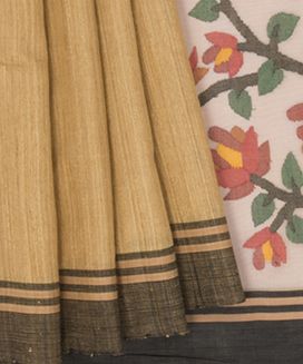 Sandal Handwoven Matka Silk Sari With Jamdani Kora Pallu