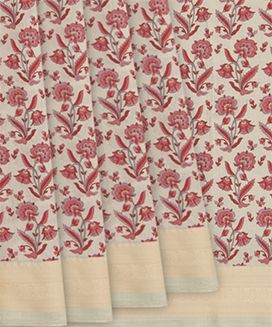 Beige Handwoven Bengal Cotton Saree With Flower Motifs & Diamond Chevron Motifs in Border