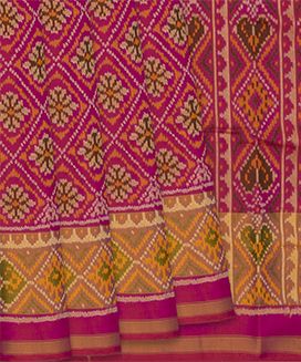 Pink Handloom Ikat Silk Saree With Diamond Floral Motifs