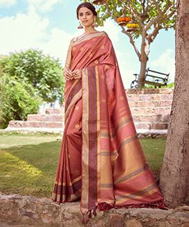 Rust Handloom Kanchipuram Natural Dyed SIlk Saree With Zari Butta
