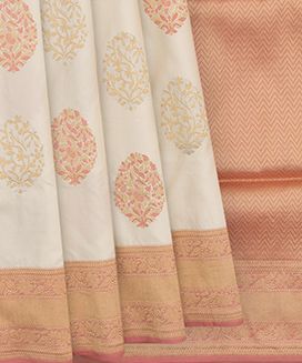 Beige Handwoven Benares Silk Saree With Floral Motifs