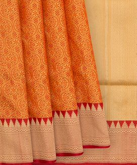Orange Handwoven Benares Silk Saree With Floral Motifs