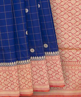 Dark Blue Handwoven Benares Silk Saree With Checks