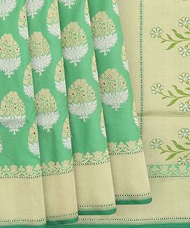 Green Handwoven Benares Silk Saree With Floral Motifs In Gold & Silver Zari