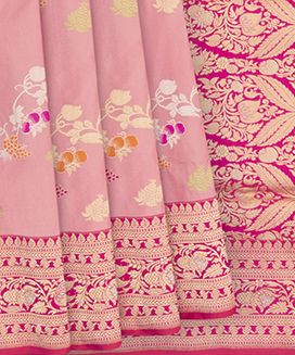 Bubble Gum Pink Handwoven Benares Silk Saree With Floral Motifs