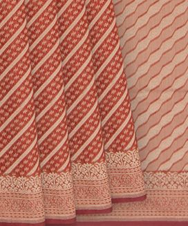 Peach Handwoven Benares Silk Saree With Floral Motifs In Diagonal Stripes In Gold Zari
