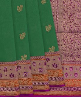 Green Handwoven Benarasi Tussar Silk Saree With Flower Butta With Purple Evening Morning Border