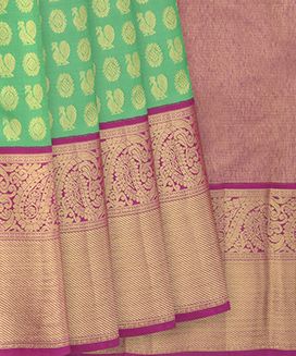 Aquamarine Handwoven Kanchipuram Korvai Silk Saree With Annam, Chakaram Motifs & Contrast Pink Border