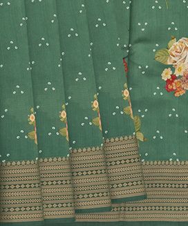 Green Woven Chiniya Silk Saree With Floral Prints & Traditional Motifs in Border
