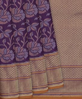 Violet Handwoven Uppada Weave Silk Saree With Floral Vine Motifs & Chevron Motifs In Border