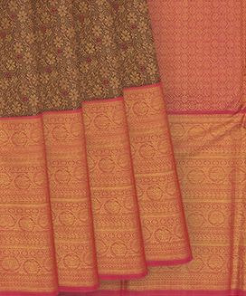 Sage Green Handwoven Kanchipuram Korvai Tissue Silk Saree With Flower Vine Motifs & Dusty Pink Border