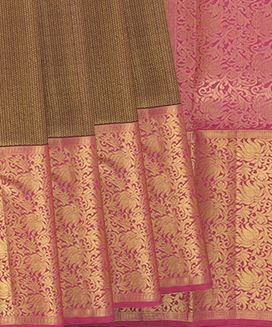 Sage Green Handwoven Kanchipuram Korvai Silk Saree With Dotted Motifs & Floral Vine Motifs In Contrast Pink Border