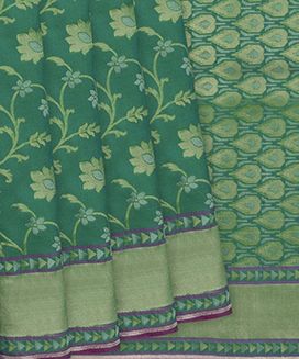 Green Handwoven Uppada Weave Silk Saree With Floral Vine Motifs & Zari Border