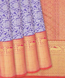 Violet Handwoven Kanchipuram Korvai Silk Saree With Vine Motifs in Silver Zari 