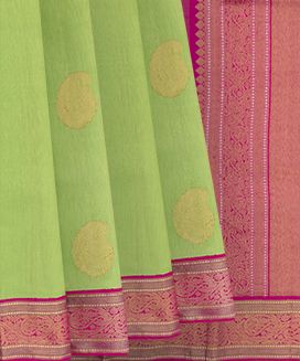 Green Handwoven Kanchipuram Linen Silk Saree With Mango Motifs 