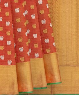 Orange Handwoven Kanchipuram Tissue Silk Saree With Annam Motifs in Gold & Silver Zari & Evening Morning Zari Border