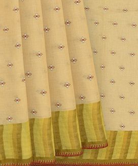 Beige Handwoven Linen Saree With Butta & Contrast Yellow Border & Pallu