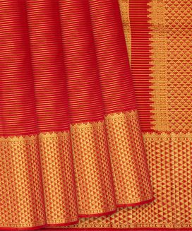 Orange Handwoven Kanchipuram Vairaoosi Silk Saree Eith Zari Stripes & Araimadam Motifs in Zari Border