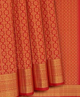 Red Handwoven Kanchivaram Silk Saree With Kamalam Motifs & Vine Motifs in Zari Border