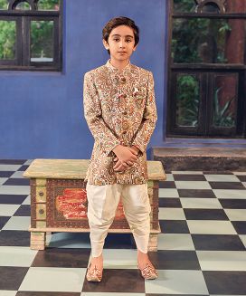 Off - White Printed Sherwani Suit with Dhoti Pants

