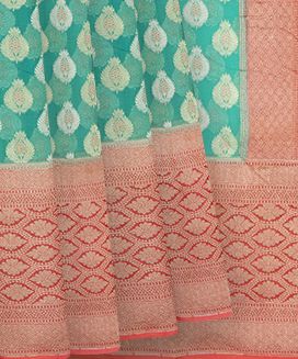 Aquamarine Banarasi Khaddi Georgette Silk Saree With Floral Motifs

