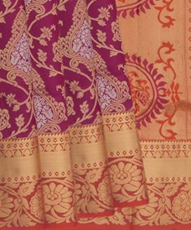 Pink Handwoven Soft Silk Saree With Mango And Vine Motifs In Contrast Rust Border & Pallu