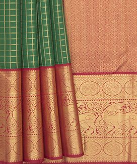 Green Handwoven Kanchipuram Korvai Silk Saree With Checks