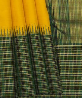 Yellow Handwoven Kanchipuram Silk Saree With Green Checks on The Border