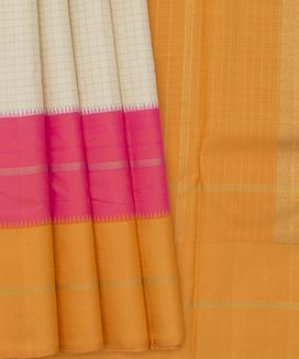Cream Handwoven Kanchipuram Korvai Silk Saree With Checks & Double Border