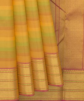 Olive Green Handwoven Kanchipuram Silk Saree With Stripes & Chevron Motifs in Border