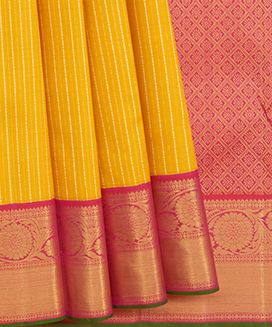 Yellow Handwoven Kanchivaram Silk Saree With Silver Zari Stripes