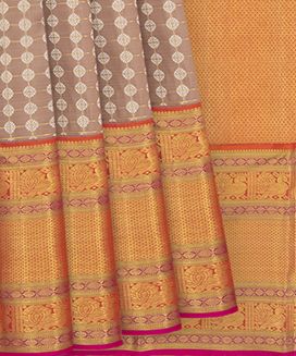  Beige Handwoven Kanchipuram Korvai Silk Saree With Gold Zari Checks And Silver Zari Motifs