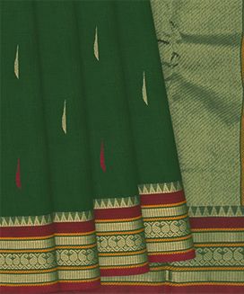 Leafy Green Handloom Kanchi Cotton Saree With Jasmine Bud Motifs