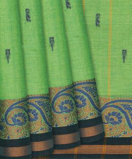 Pista Green Handloom Chettinad Cotton Saree With Flower Motifs
