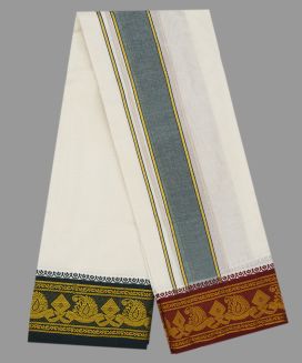 Cream 9 x 5 Handwoven Cotton Dhoti with contrast Fancy Border