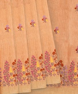 Light Peach Linen Saree With Floral Embroidered Motifs
