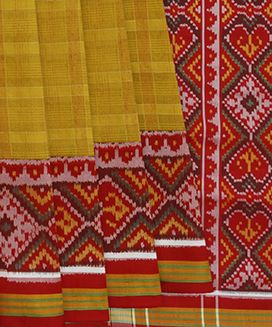 Mustard Handloom Printed Organza Saree With Attached Ikat Border