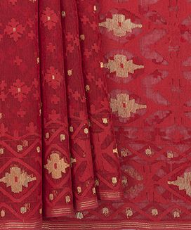 Red Handwoven Dhakai Jamdani Cotton Sari