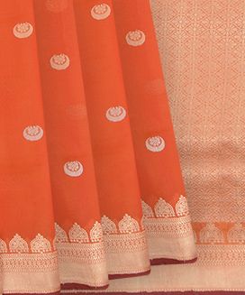 Orange Handwoven Benarasi Silk Saree With Floral Butta & Jhumka Motifs in Border & Pallu