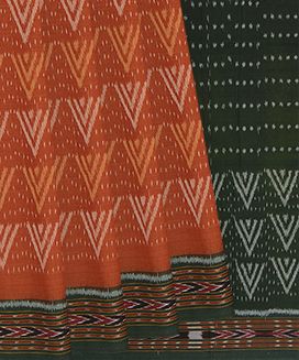 Orange Handwoven Orissa Cotton Saree With Triangle & Chevron Motifs in Contrast Green Border