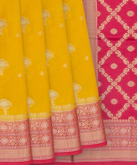 Yellow Benarasi Woven Dupion Silk Saree With Flower Zari Butta & Vine Motifs in Contrast Red Border