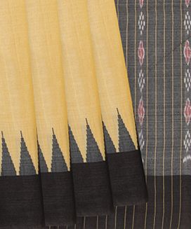 Yellow Handwoven Tussar Silk Saree With Plain Body & Contrast Black Border, Grey Pallu
