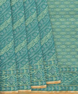 Turquoise Handwoven Uppada Weave Silk Saree With Diagonal Vine Motifs & Triangle Motifs in Border
