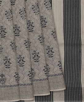Grey Handloom Printed Tussar Silk Saree With Stripped Pallu

