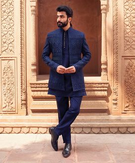Navy Blue Embroidered Indo Western Suit With Nehru Jacket