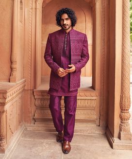Wine Purple Indo Western Suit With Nehru Jacket