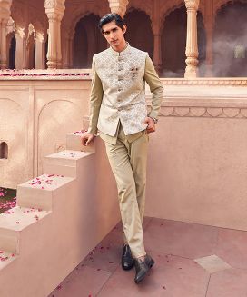 Beige Jodhpuri Suit with Off- White Printed Jacket