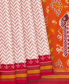 Off White Handwoven Ikat Silk Saree With Chevron Motifs & Orange Pallu